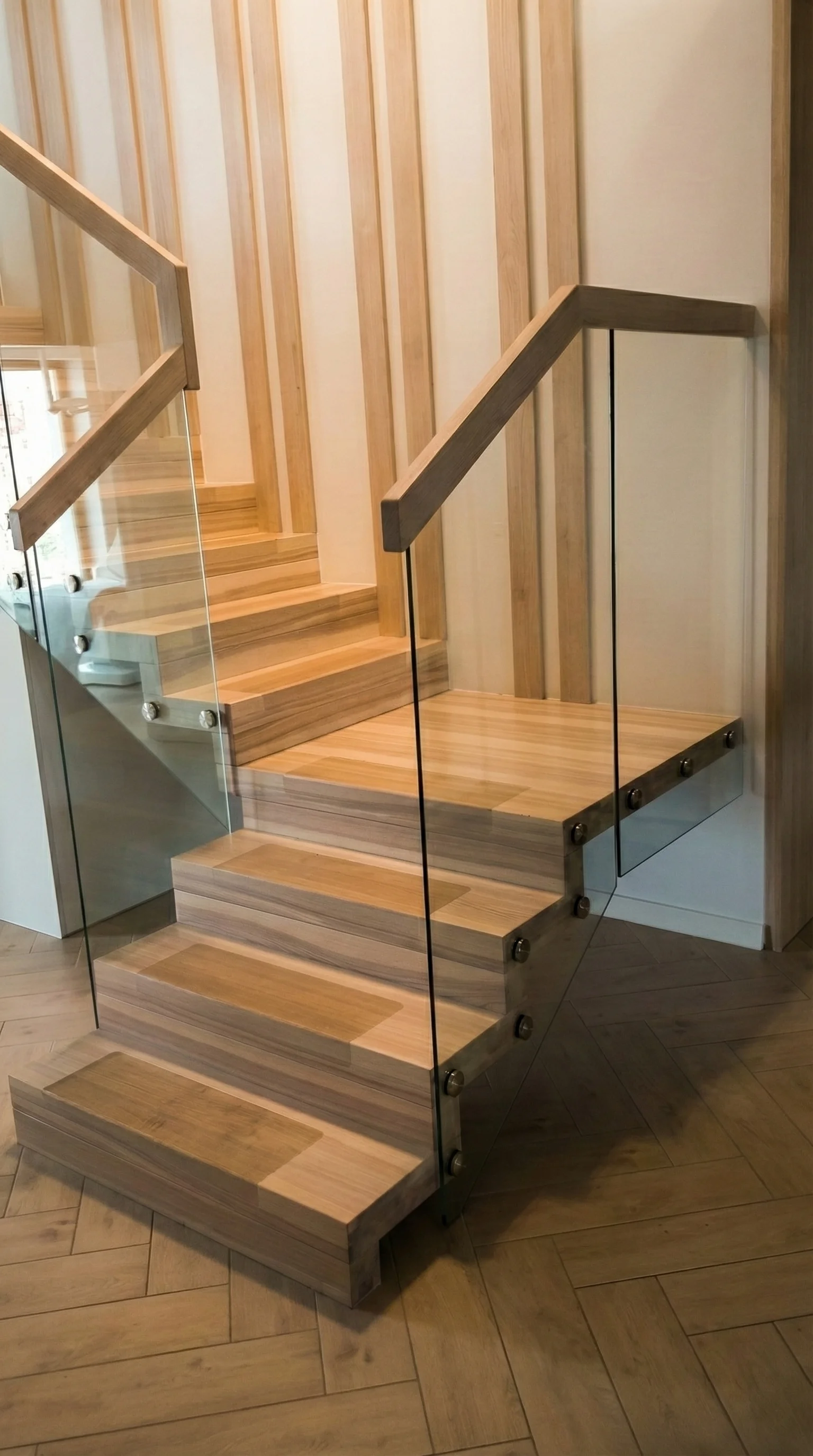 Detal łączenia stopni jesionowych w schodach dywanowych zabiegowych