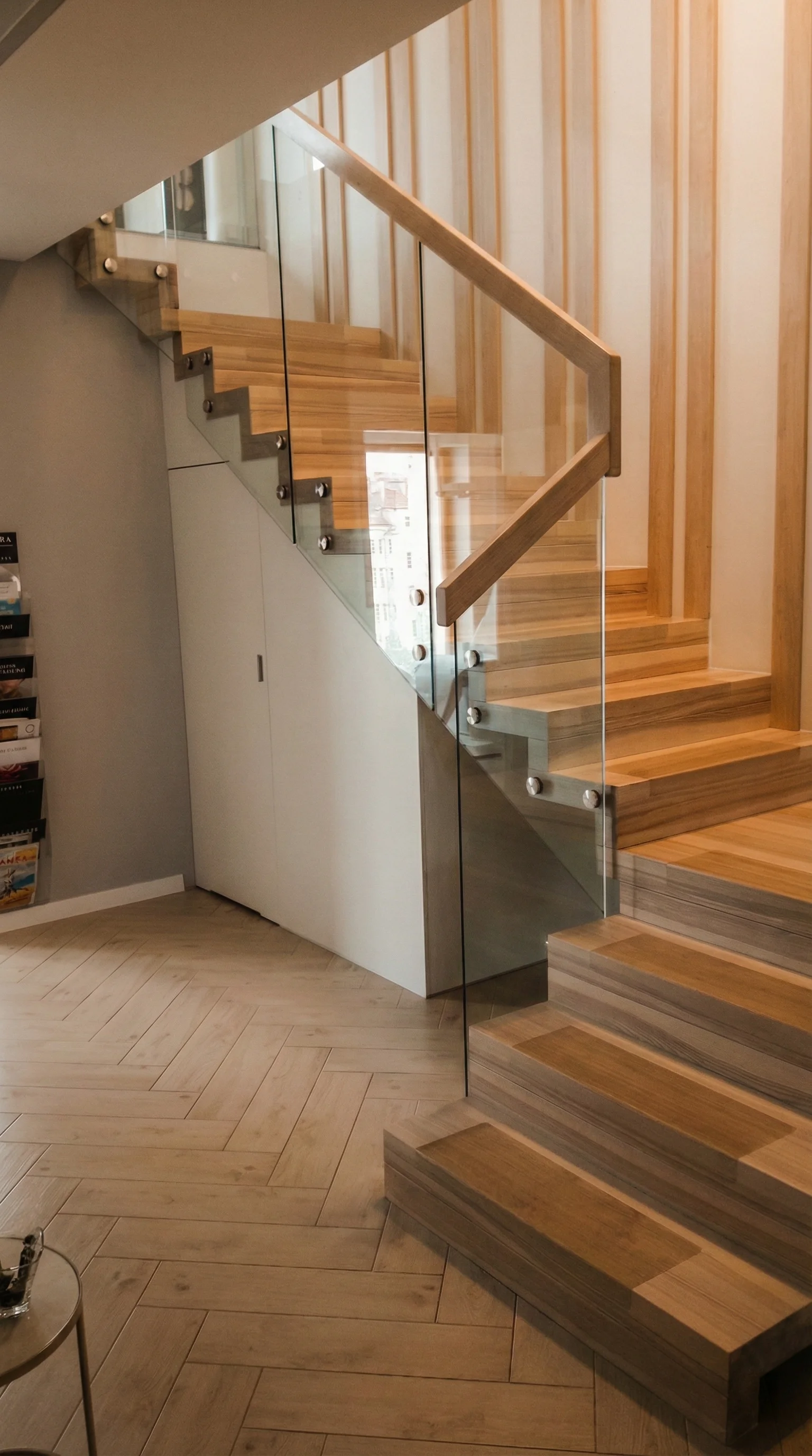 Balustrada szklana samonośna z drewnianym pochwytem