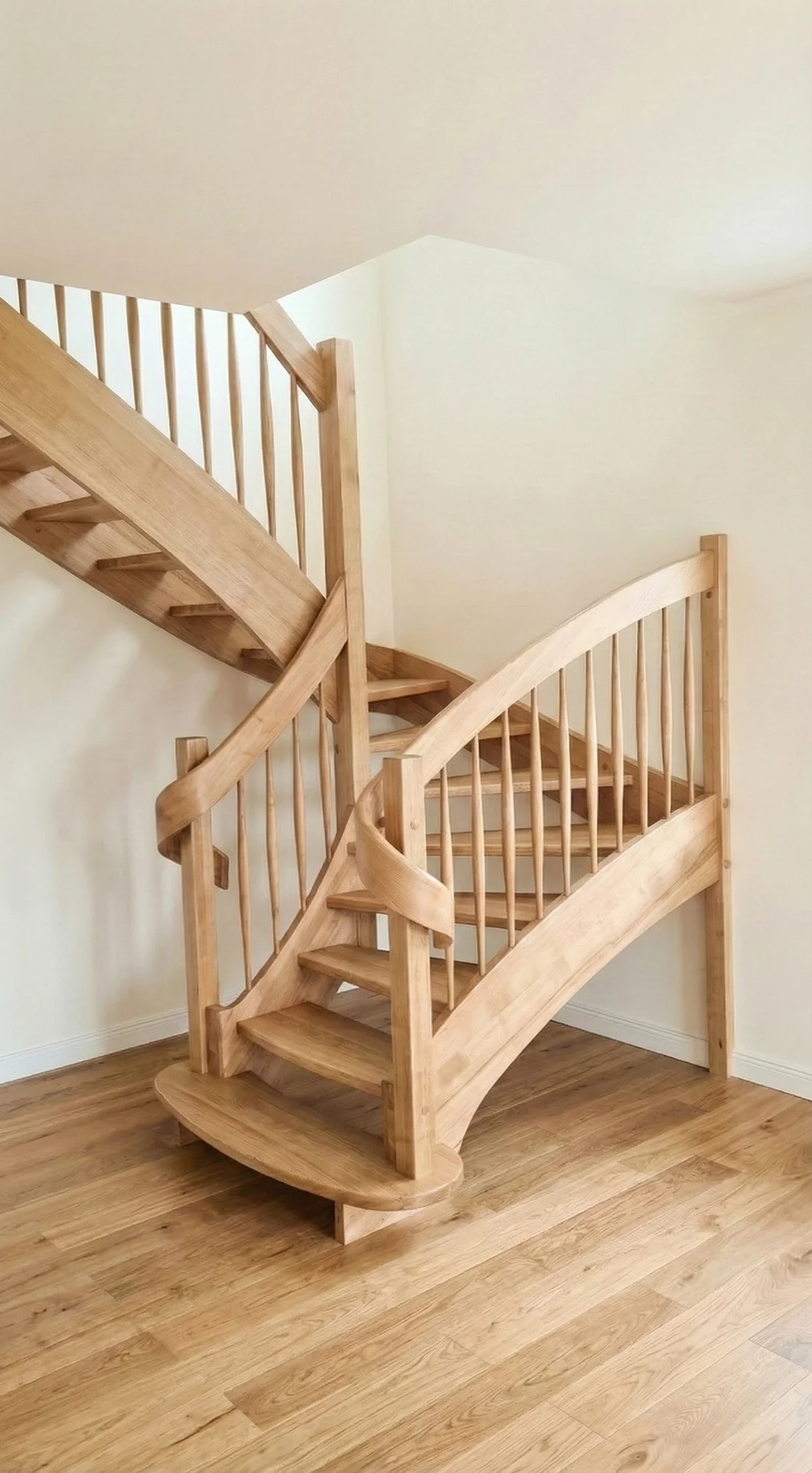 Detal drewnianych stopni bukowych i toczonej balustrady