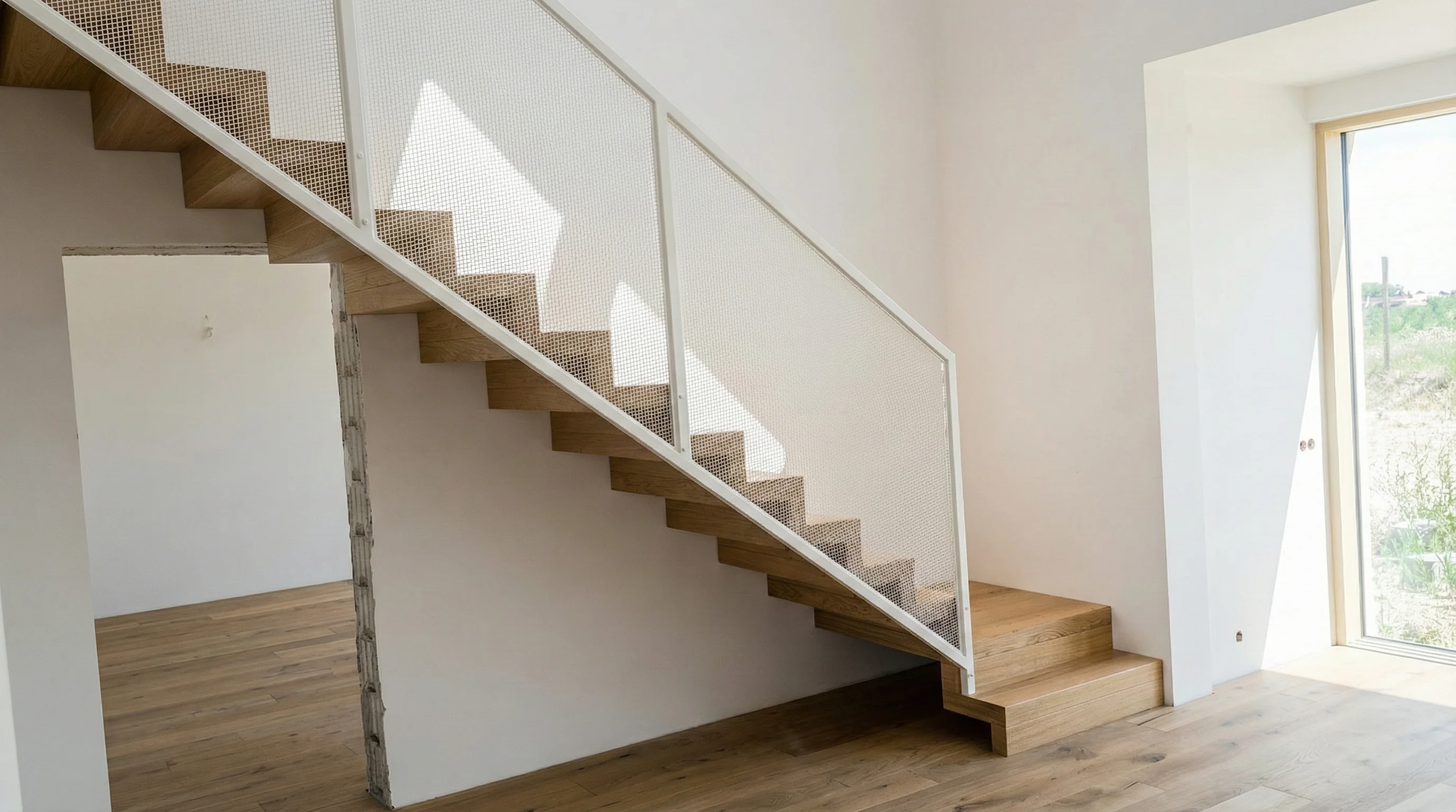 Schody dywanowe dębowe z balustradą z siatki