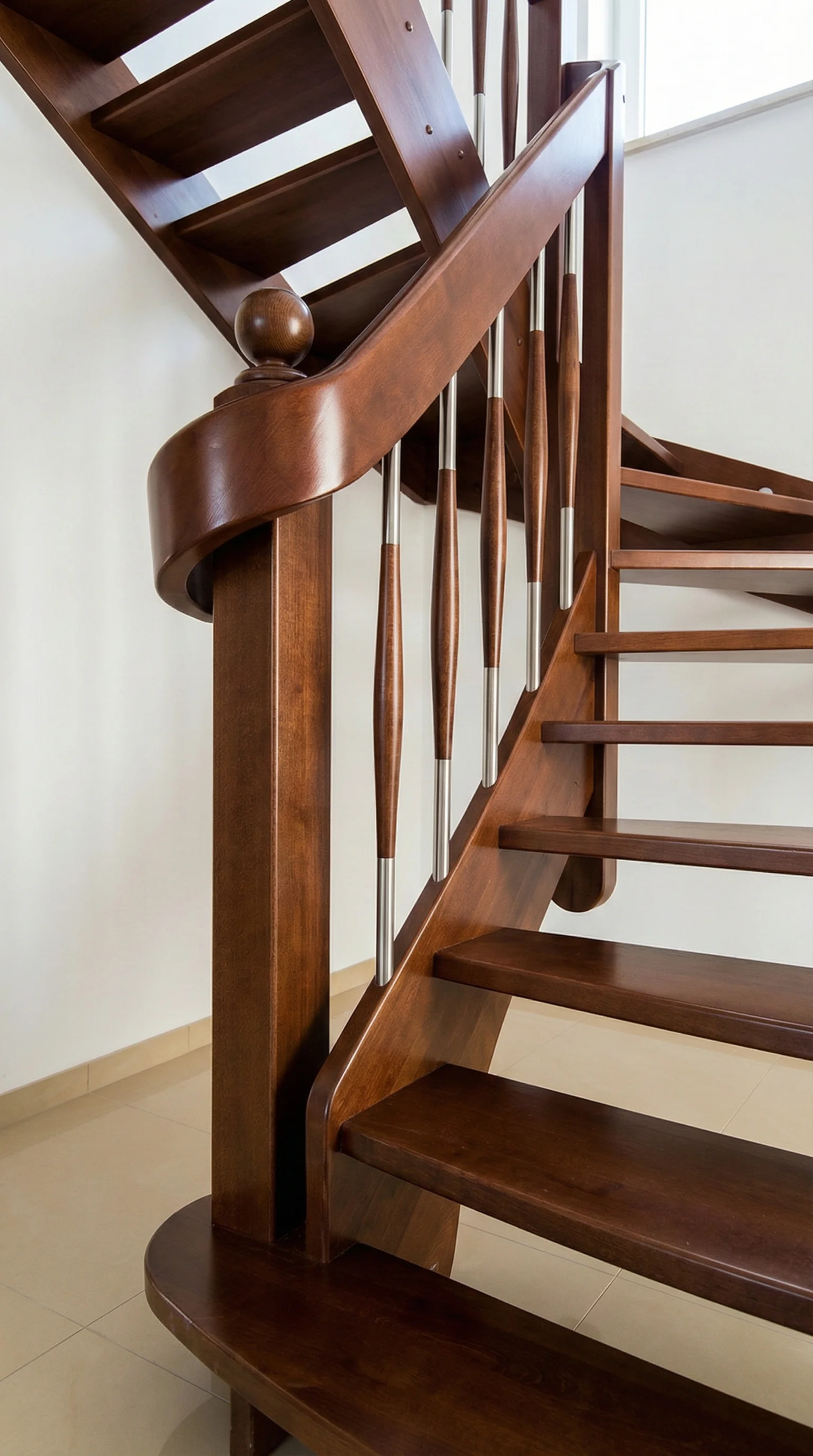 Detal stopni bukowych w kolorze orzech i balustrady