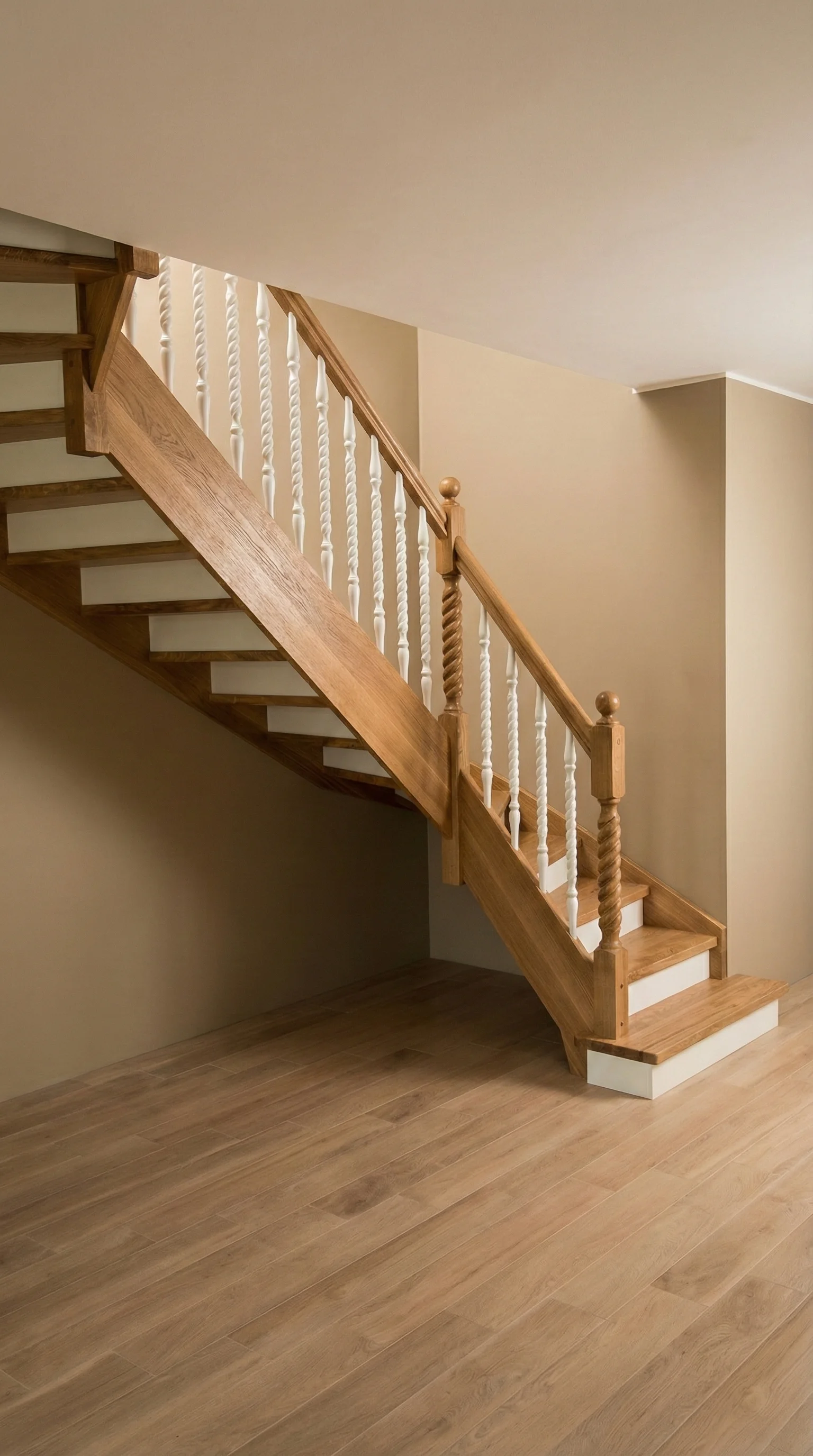 Schody dębowe z białymi podstopnicami widok ogólny