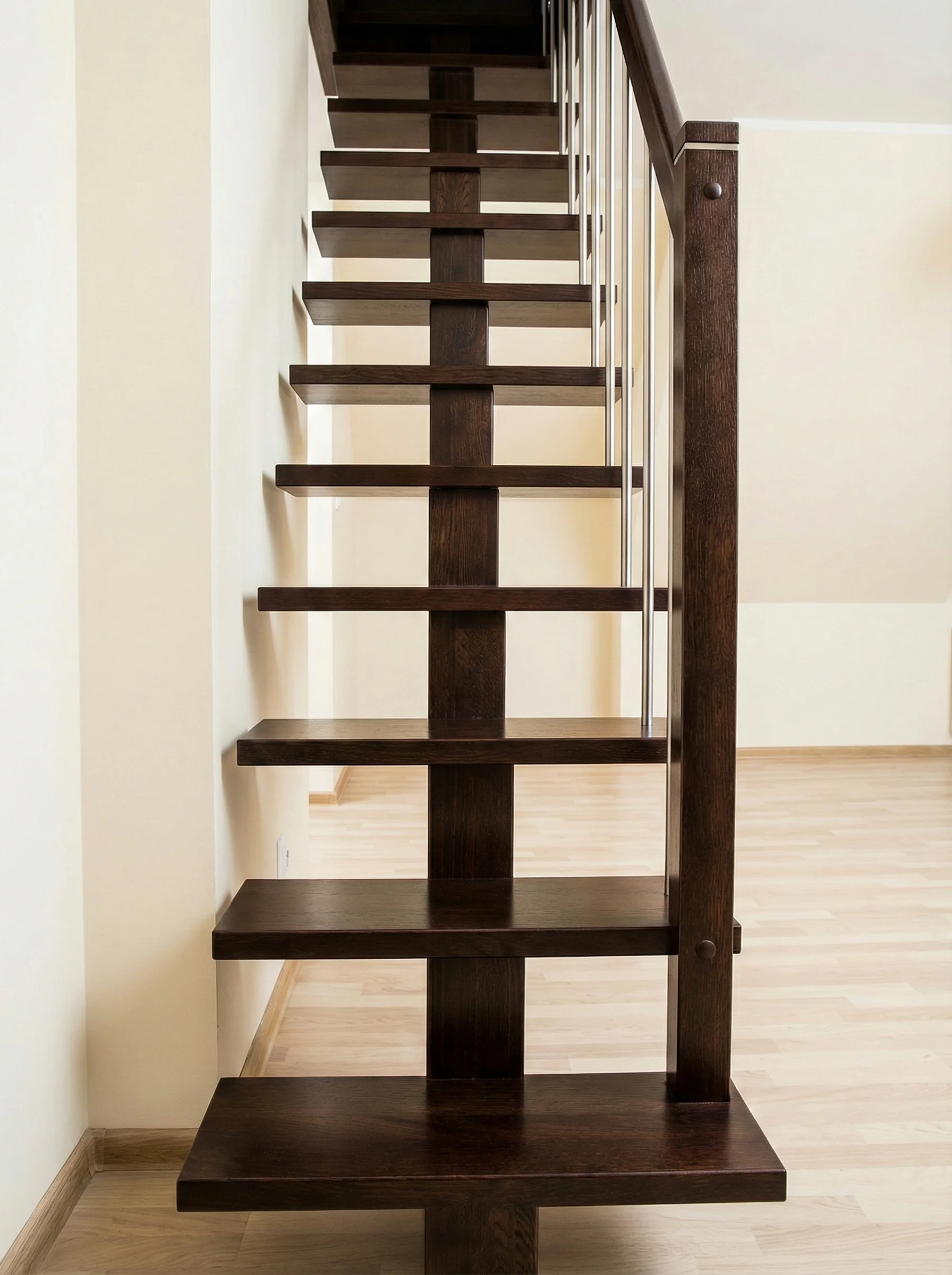 Detal stopni jesionowych na belce centralnej i balustrady