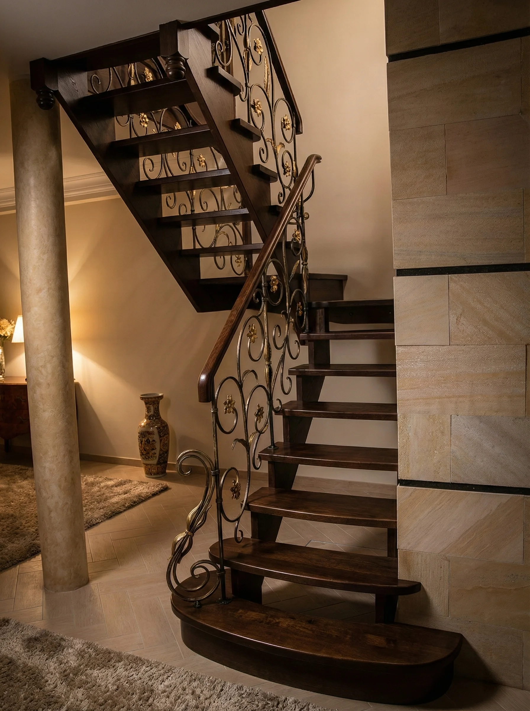 Schody dębowe orzech ze spocznikiem widok ogólny