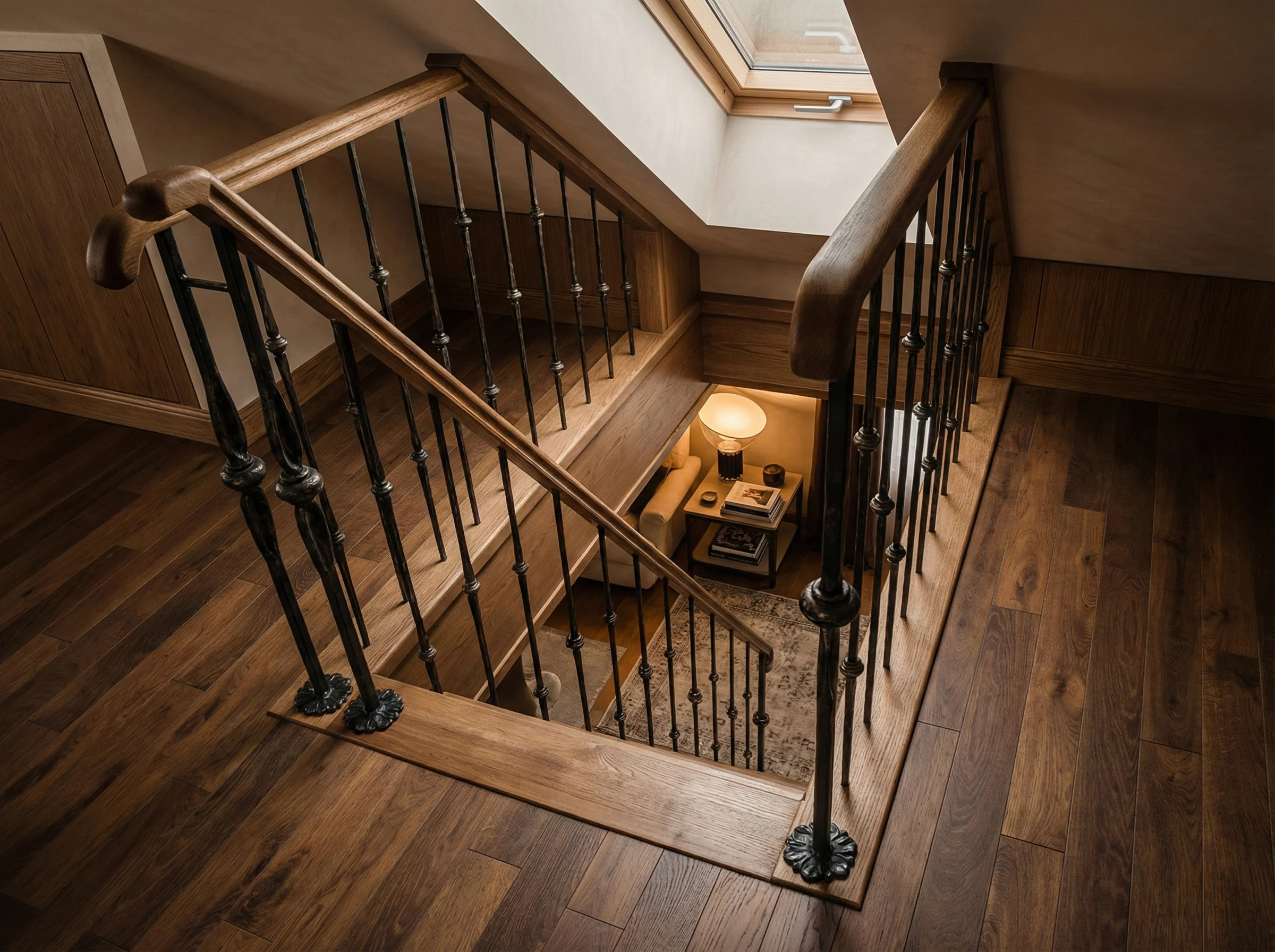 Detal stopni bukowych na belce centralnej i kutej balustrady