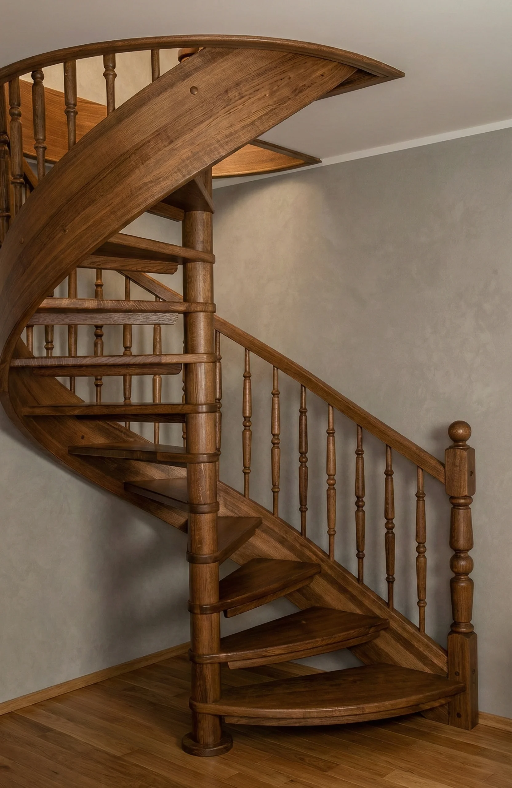 Detal giętej konstrukcji schodów dębowych i toczonej balustrady
