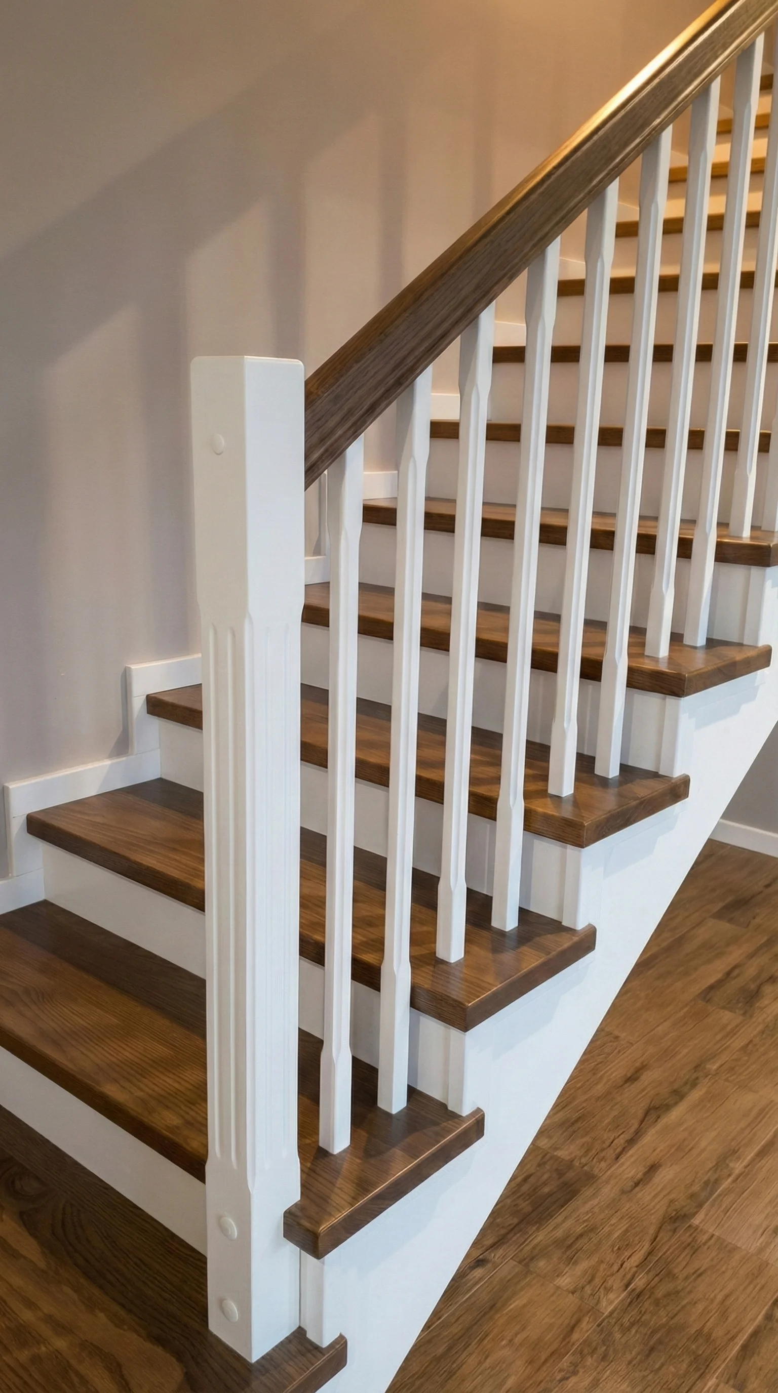 Detal frezowanej balustrady drewnianej w schodach jesionowych