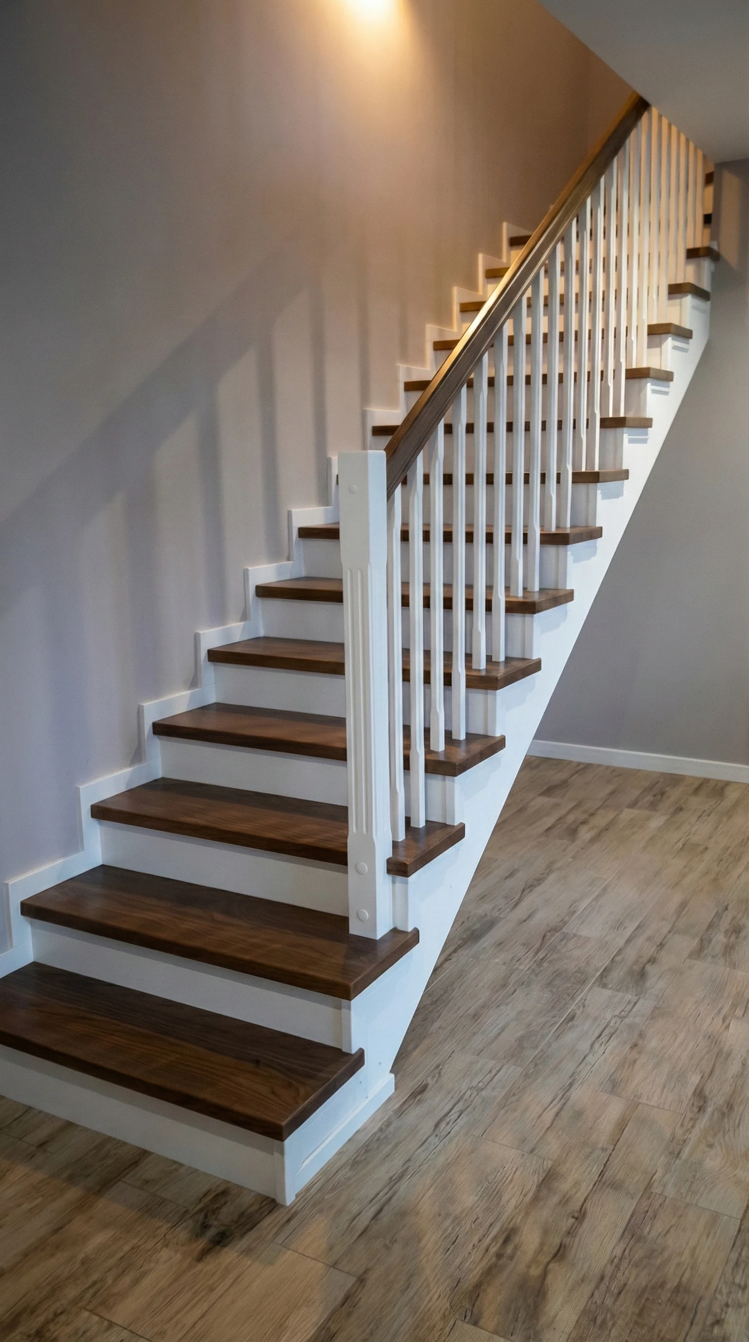 Schody jesionowe zabiegowe L na beton Kleszczewko, kolor orzech i biel