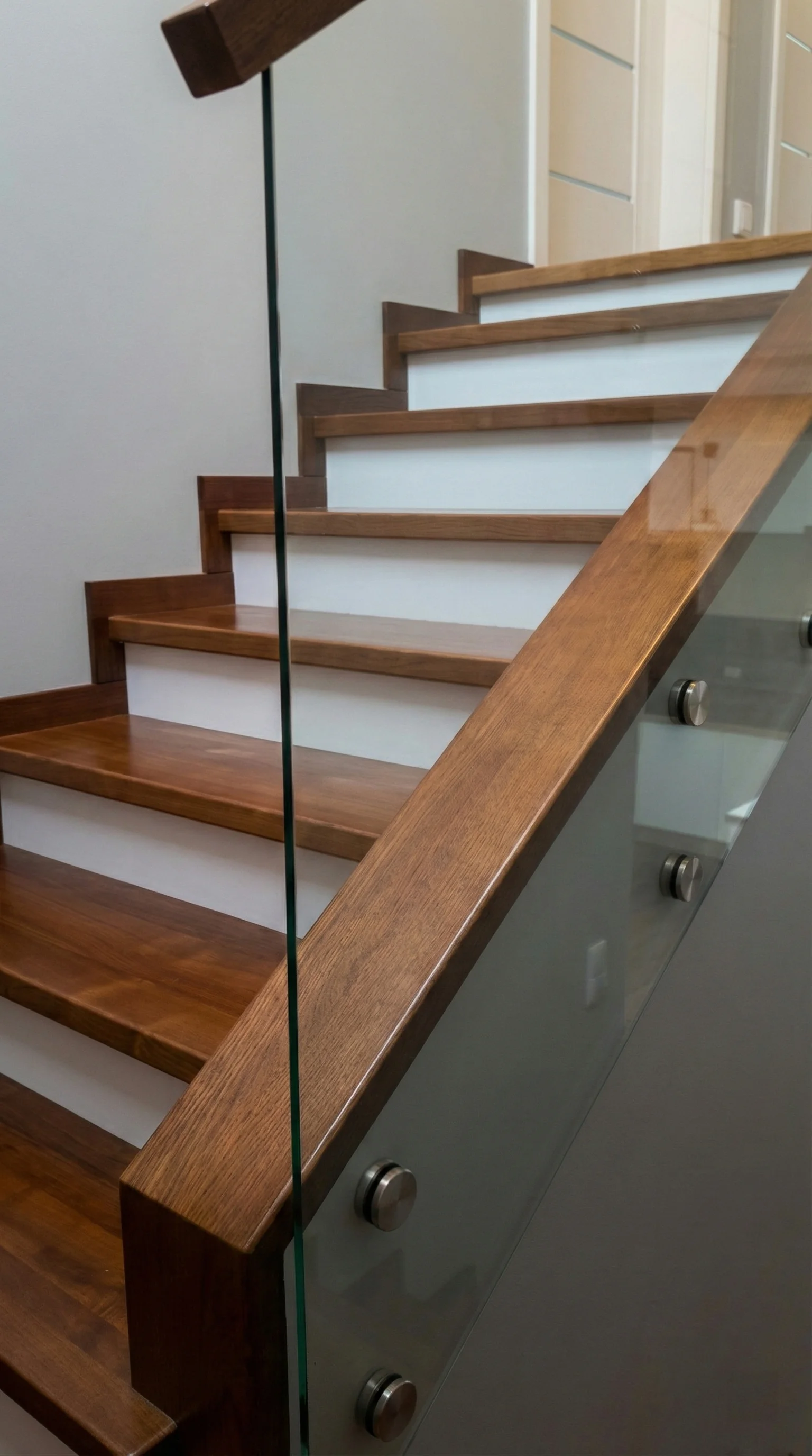 Szklana balustrada samonośna z drewnianym pochwytem, zbliżenie