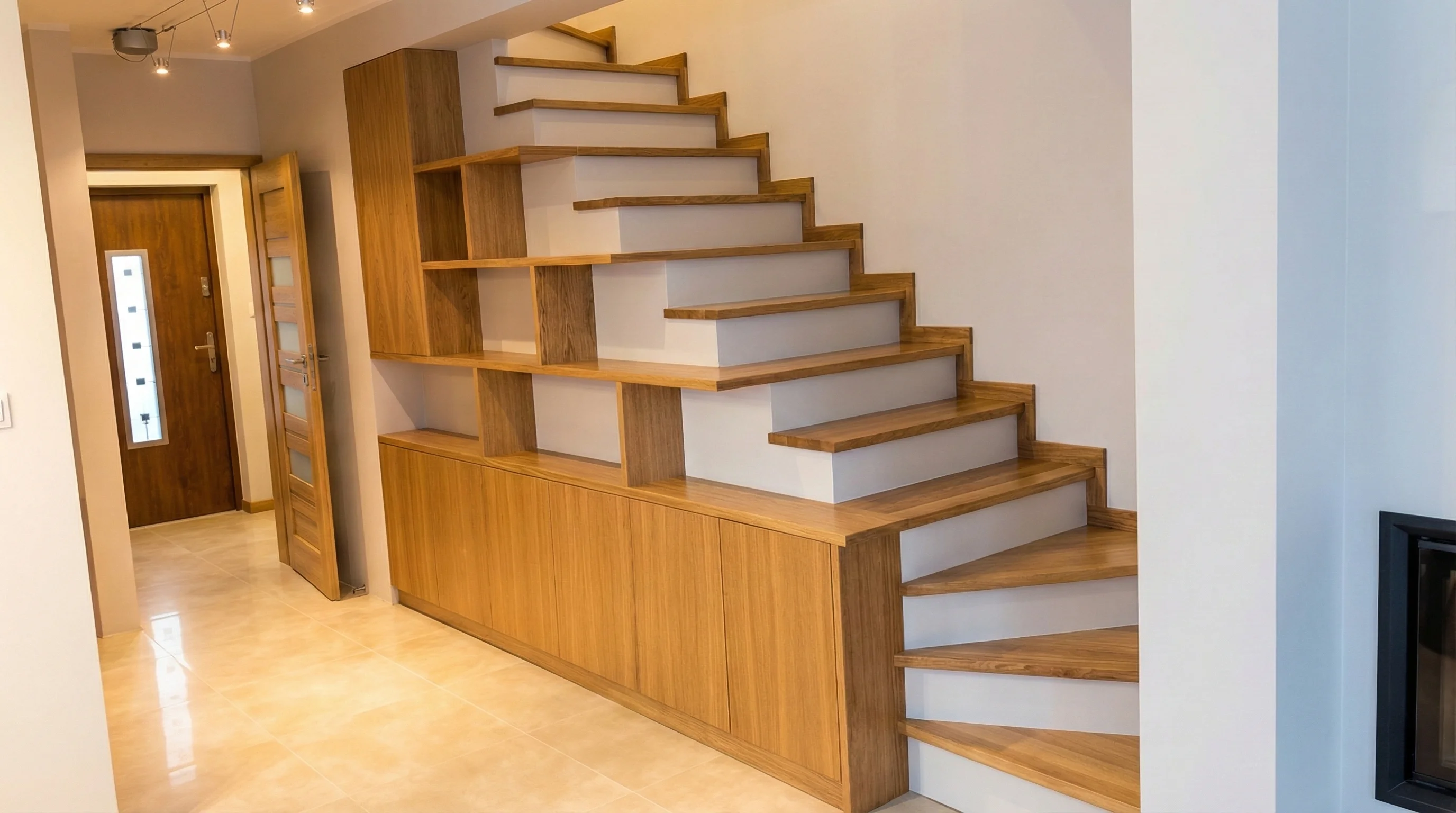 Schody dębowe zabiegowe U na beton Gdańsk, podstopnice malowane