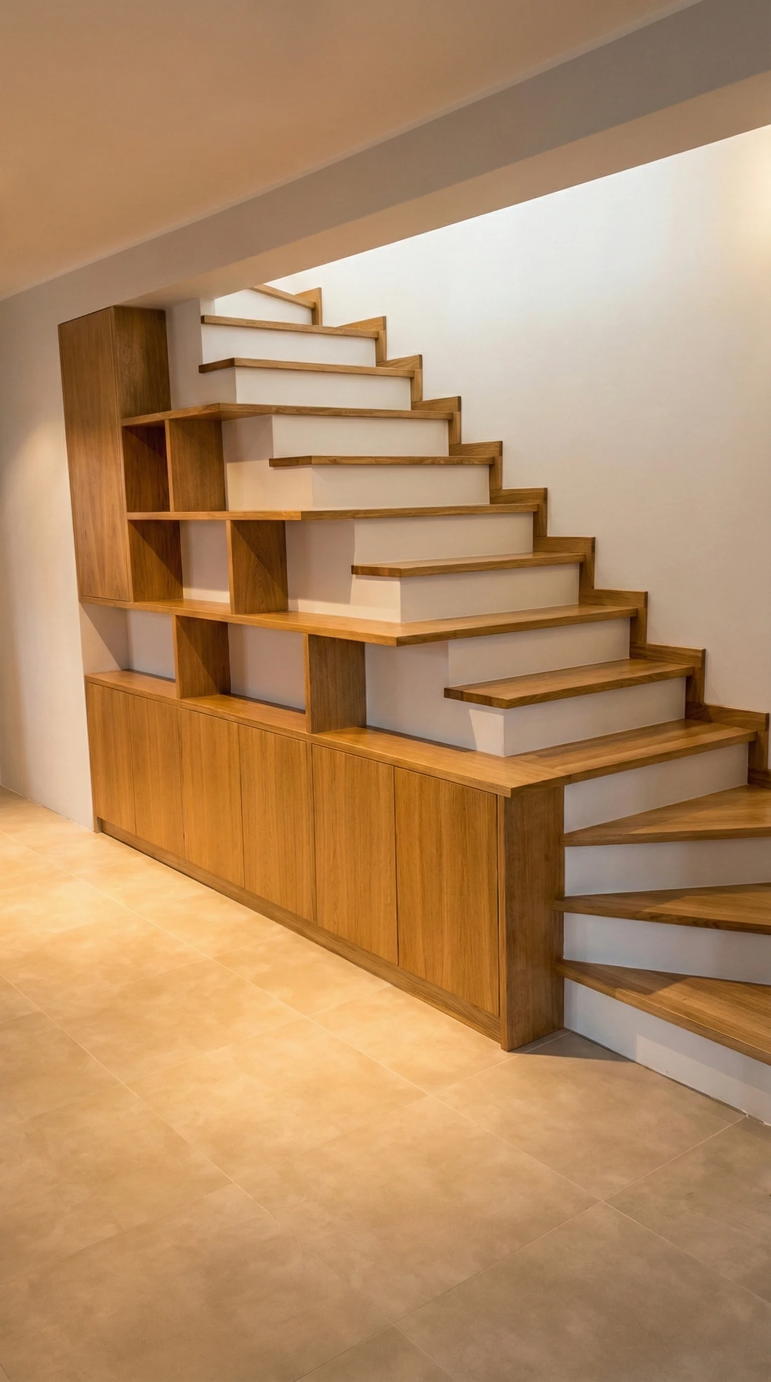 Detal stopnia dębowego z podstopnicą malowaną na biało