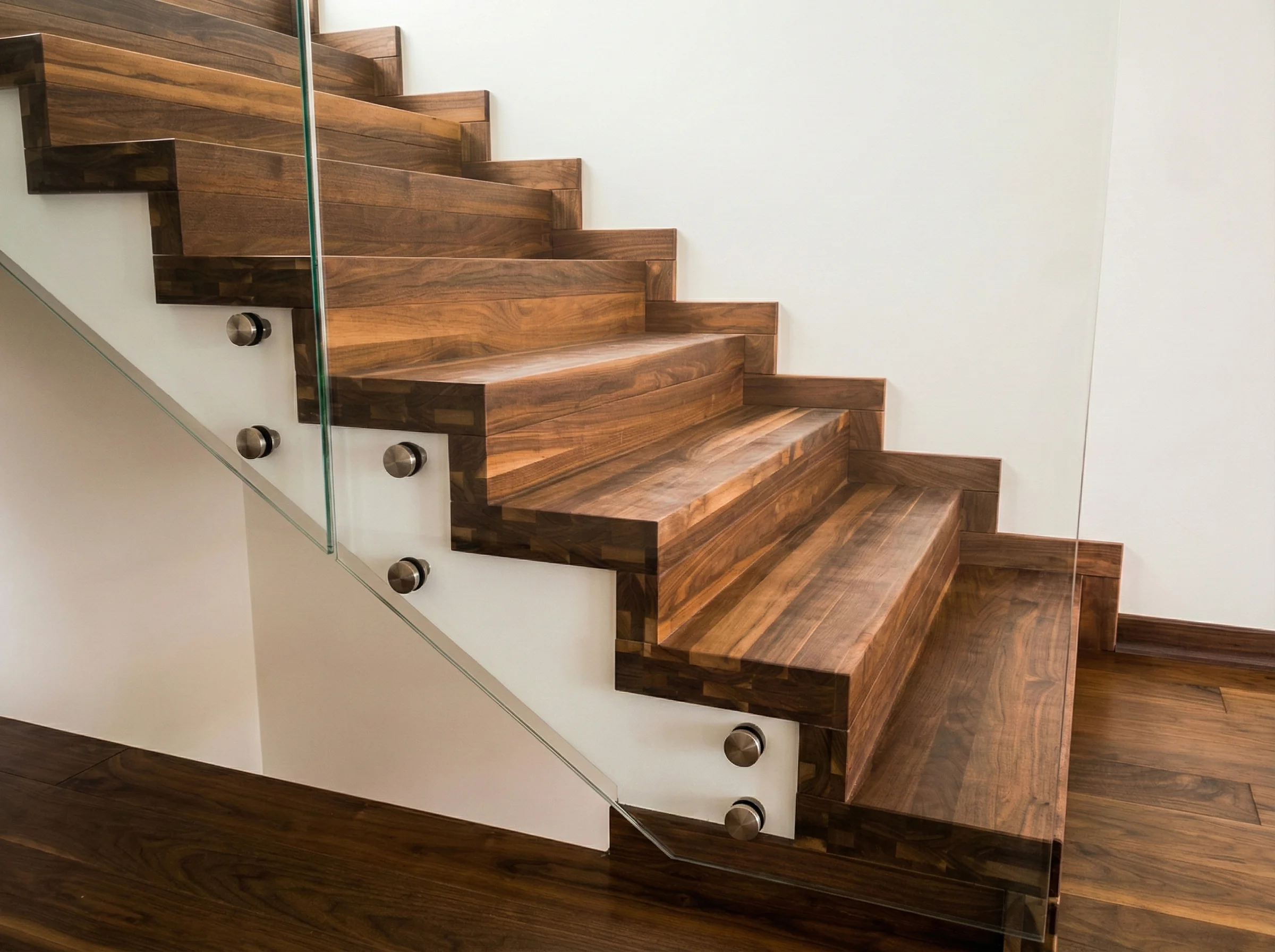 Stopnie z drewna orzechowego lakierowane, naturalny kolor i słoje