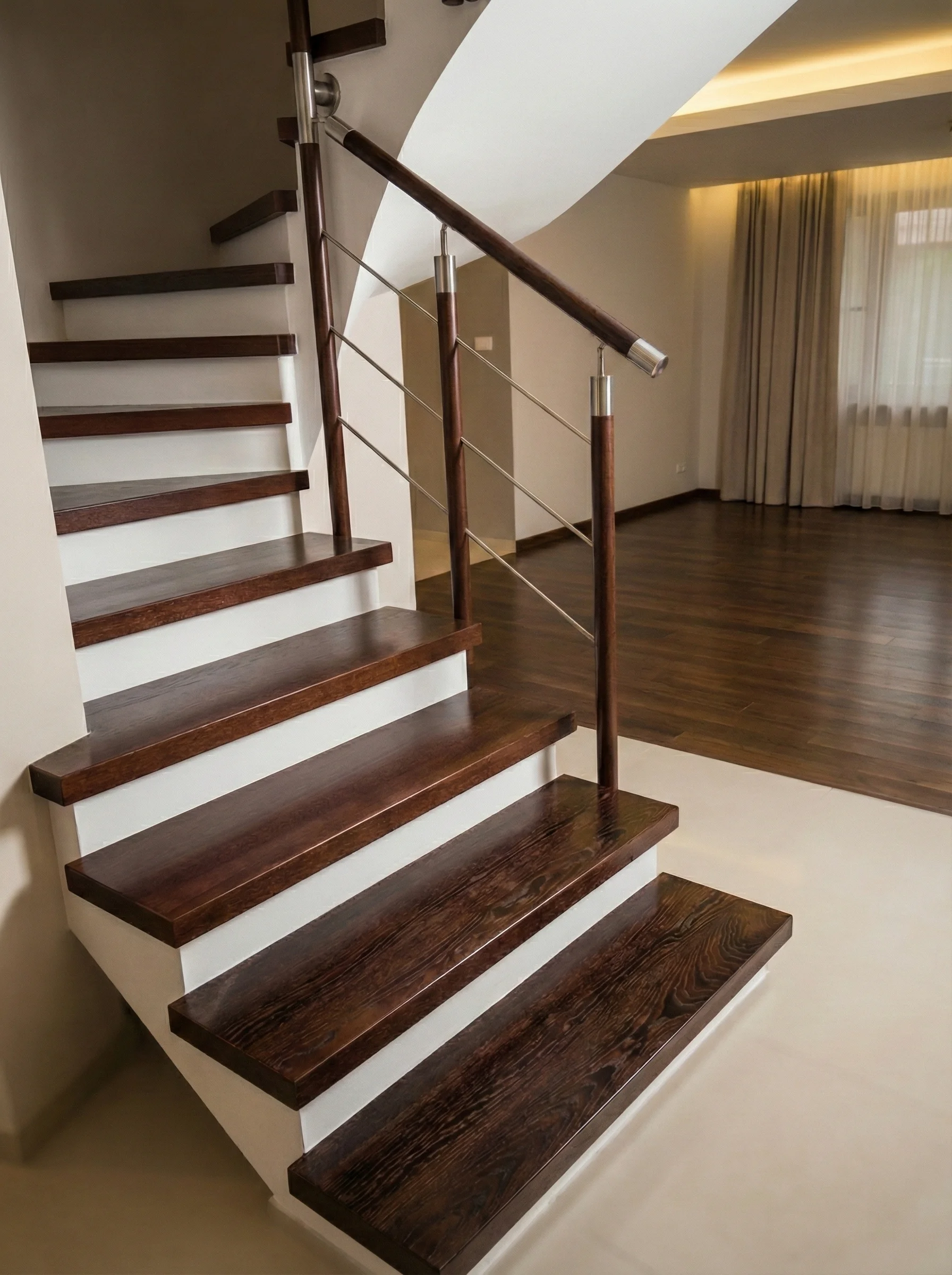 Detal okładziny jesionowej na beton i balustrady