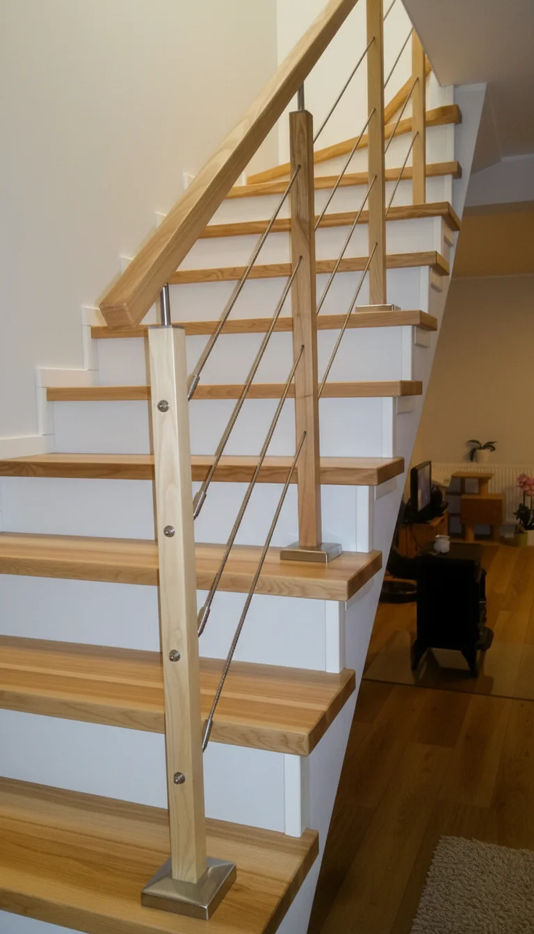 Zbliżenie na balustradę drewnianą z elementami stali nierdzewnej