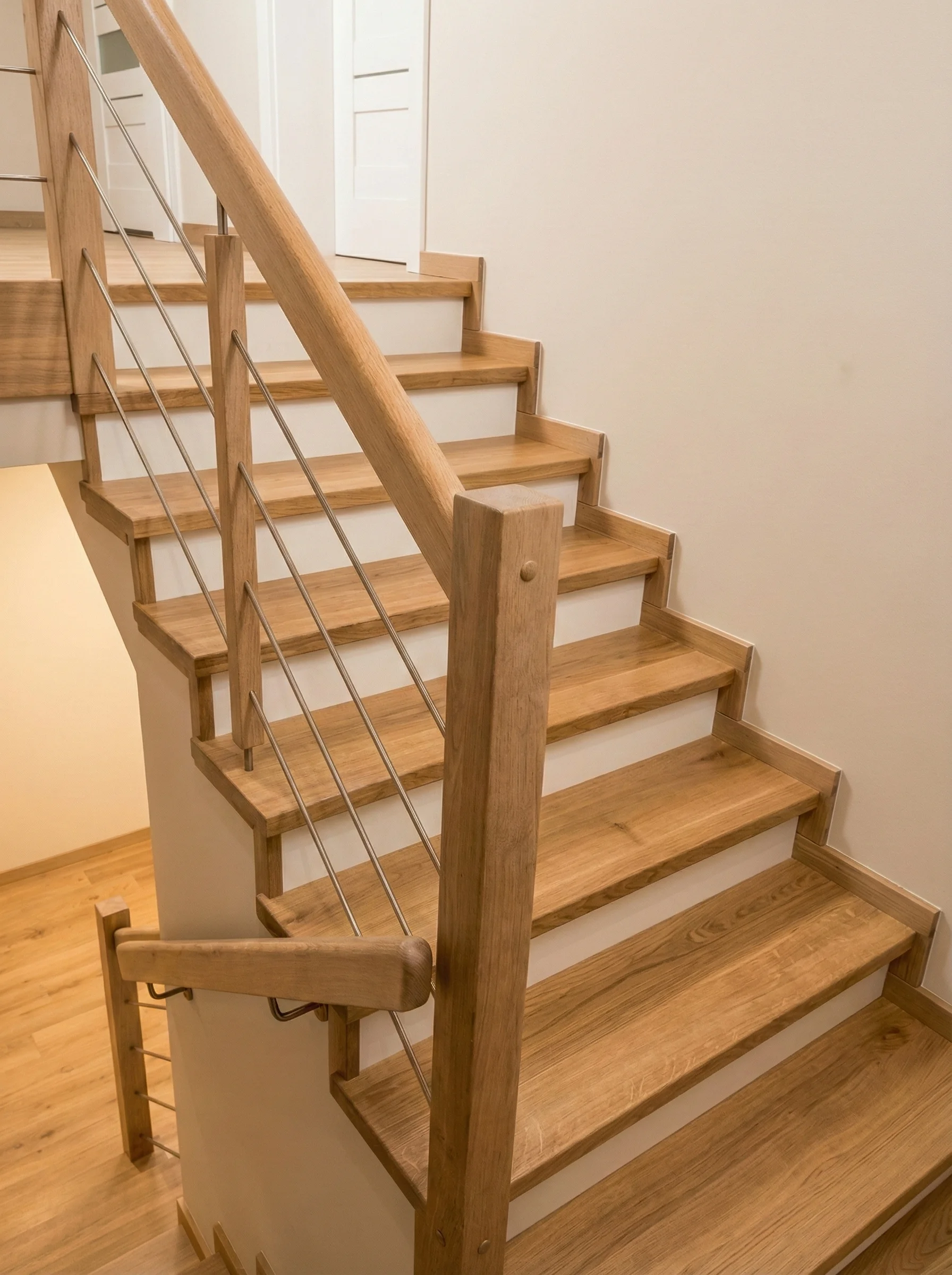 Stopnie dębowe z białymi podstopnicami, naturalny kolor drewna