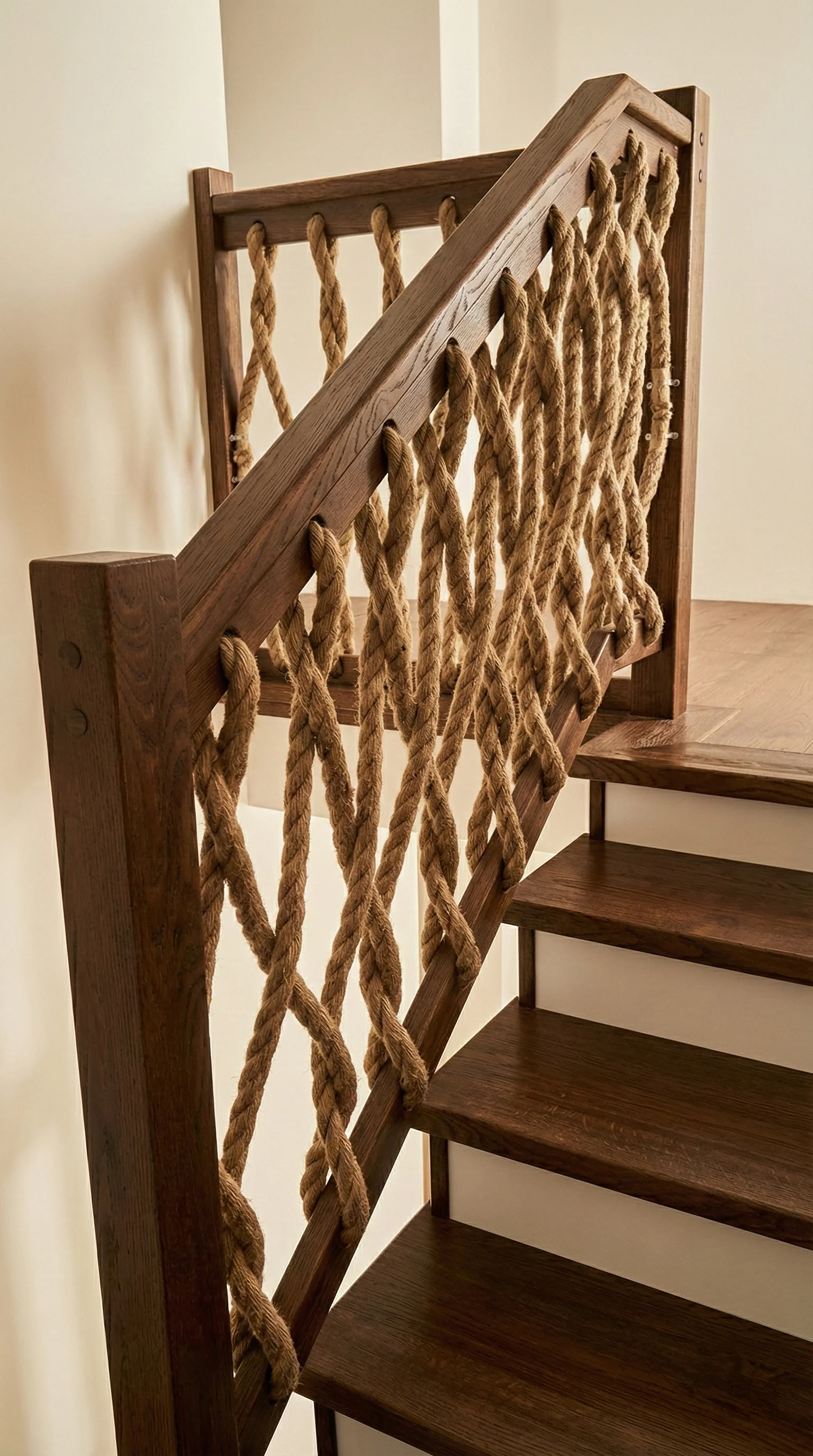 Widok boczny na bieg schodowy i balustradę z liny