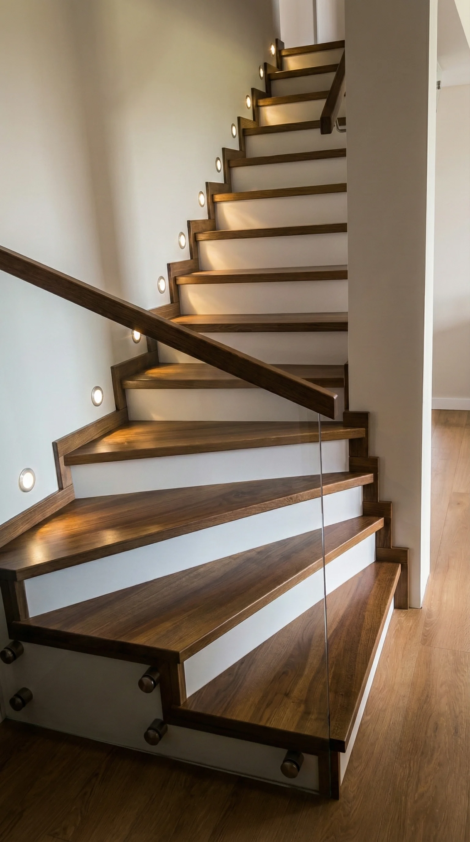 Schody jesionowe orzech z podestem na beton Gdynia, widok z dołu