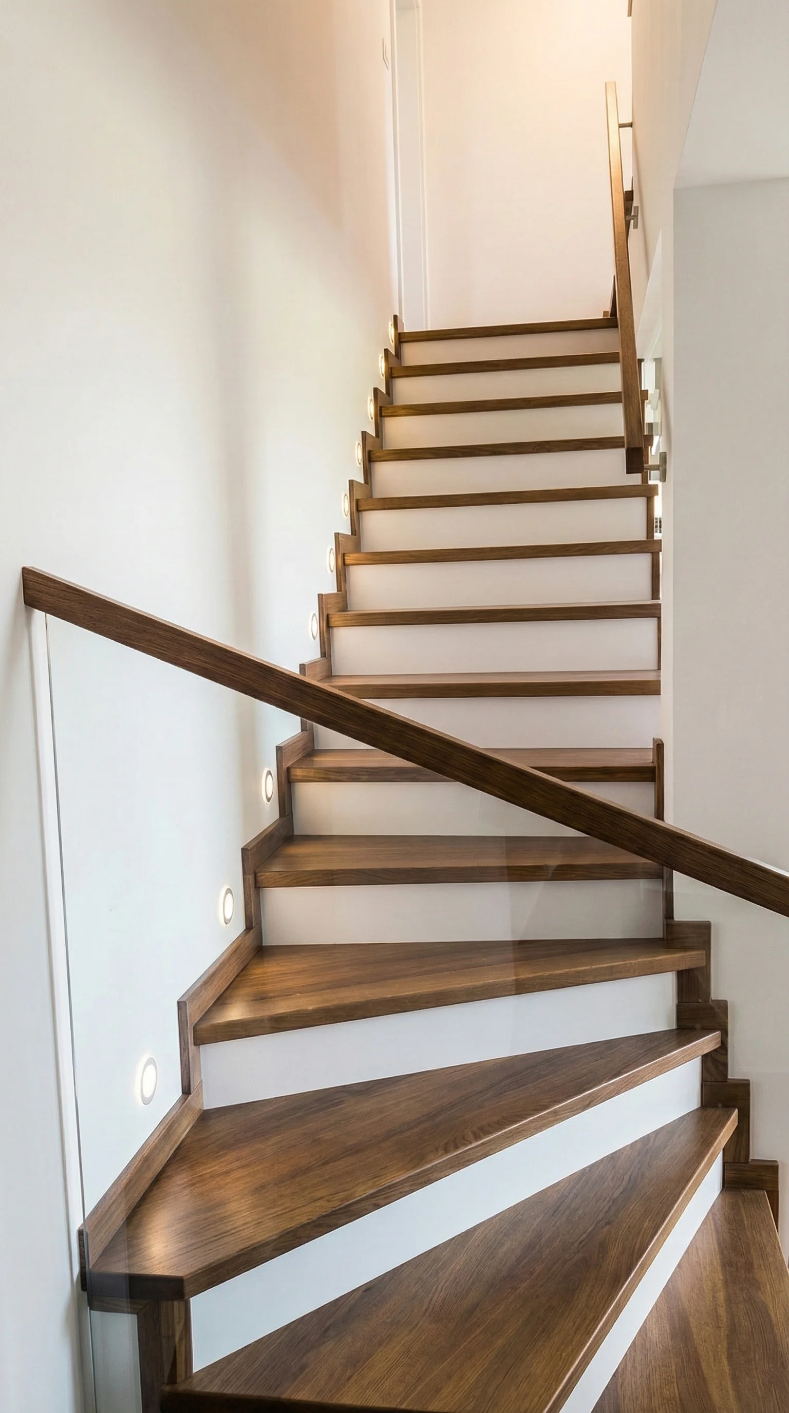 Widok schodów wewnątrz domu, połączenie drewna i szkła