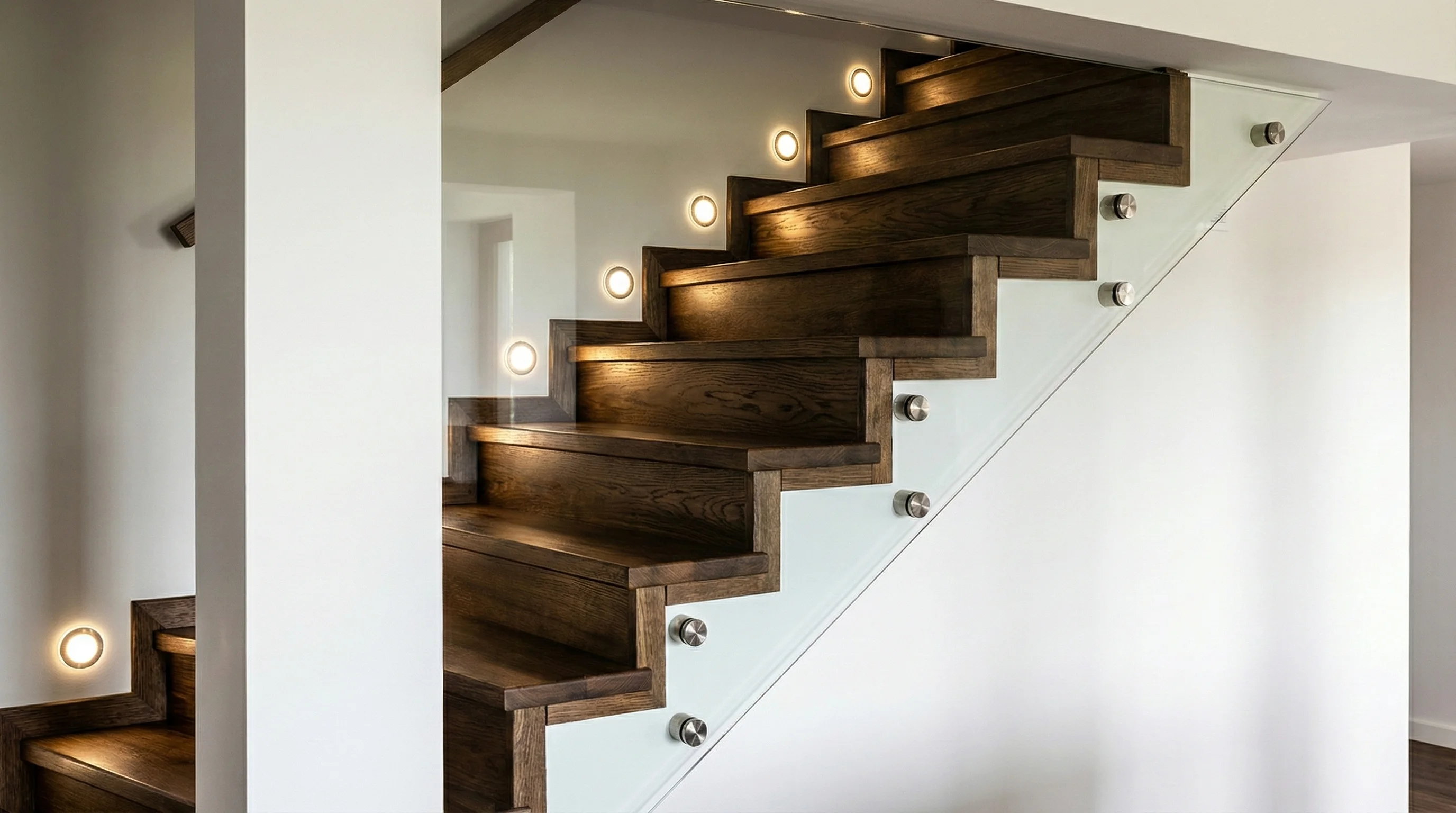 Stopnie jesionowe bejcowane na orzech, lakierowane