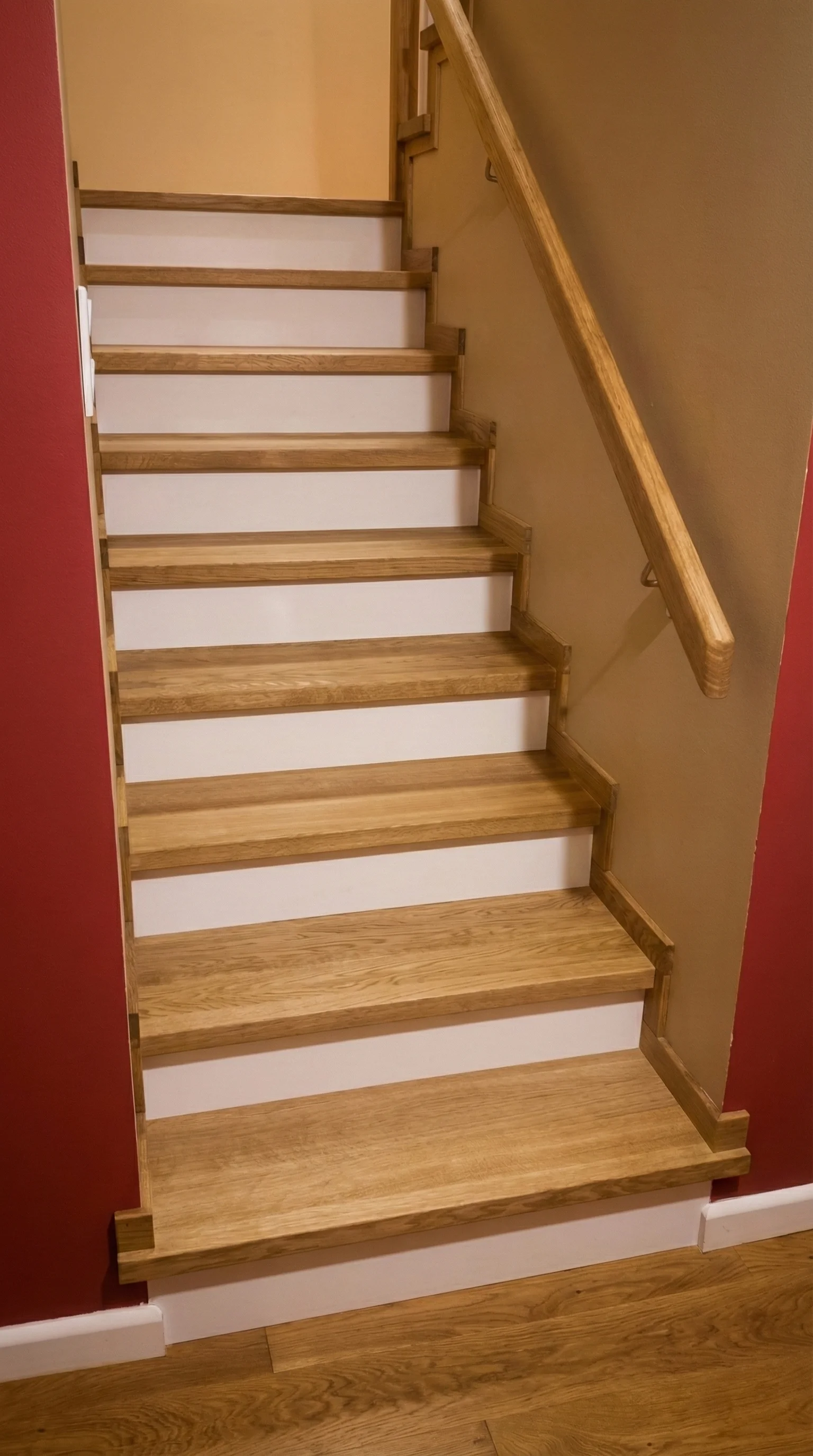 Schody jesionowe z podestem na beton Gdańsk, widok z dołu