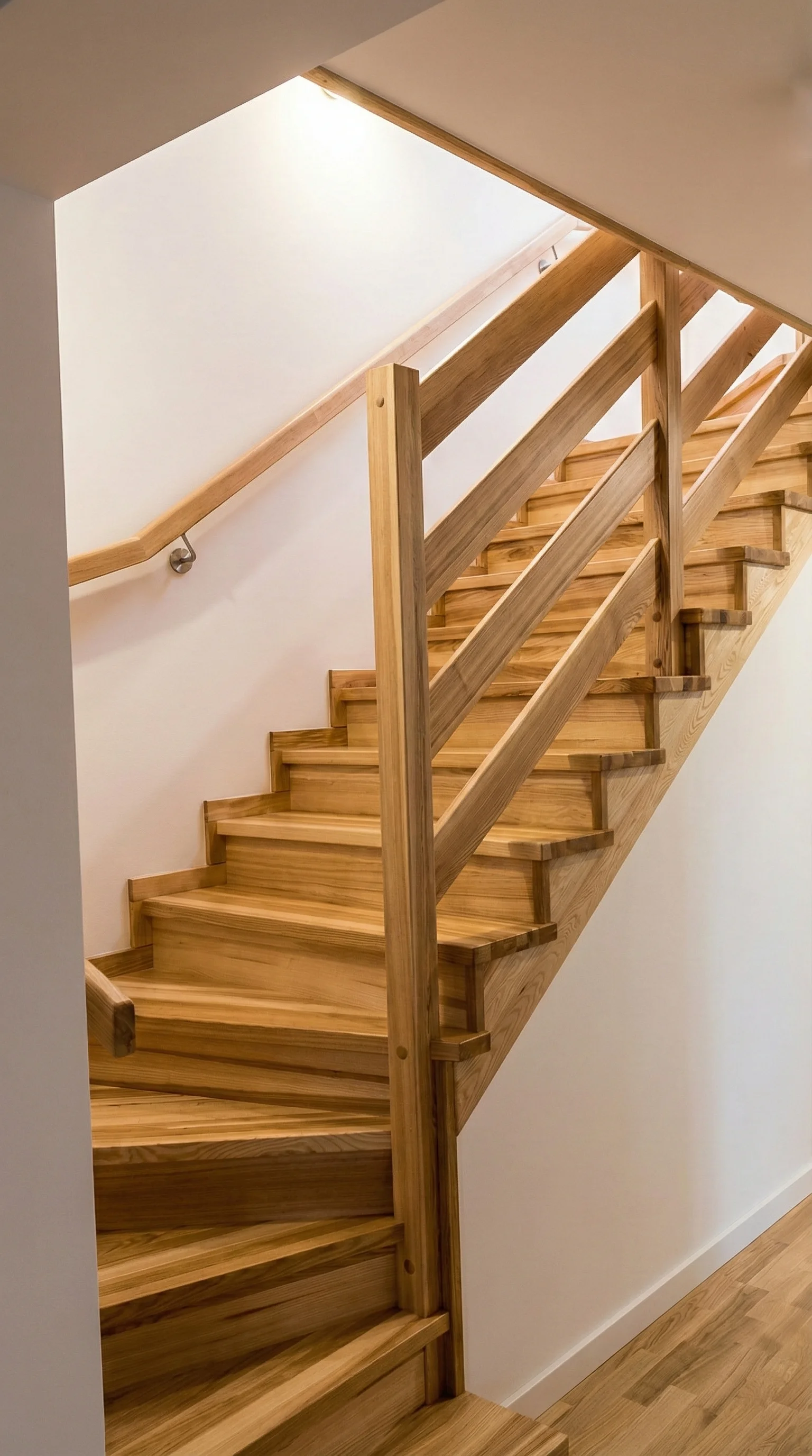 Detal balustrady drewnianej deskowej przy schodach jesionowych