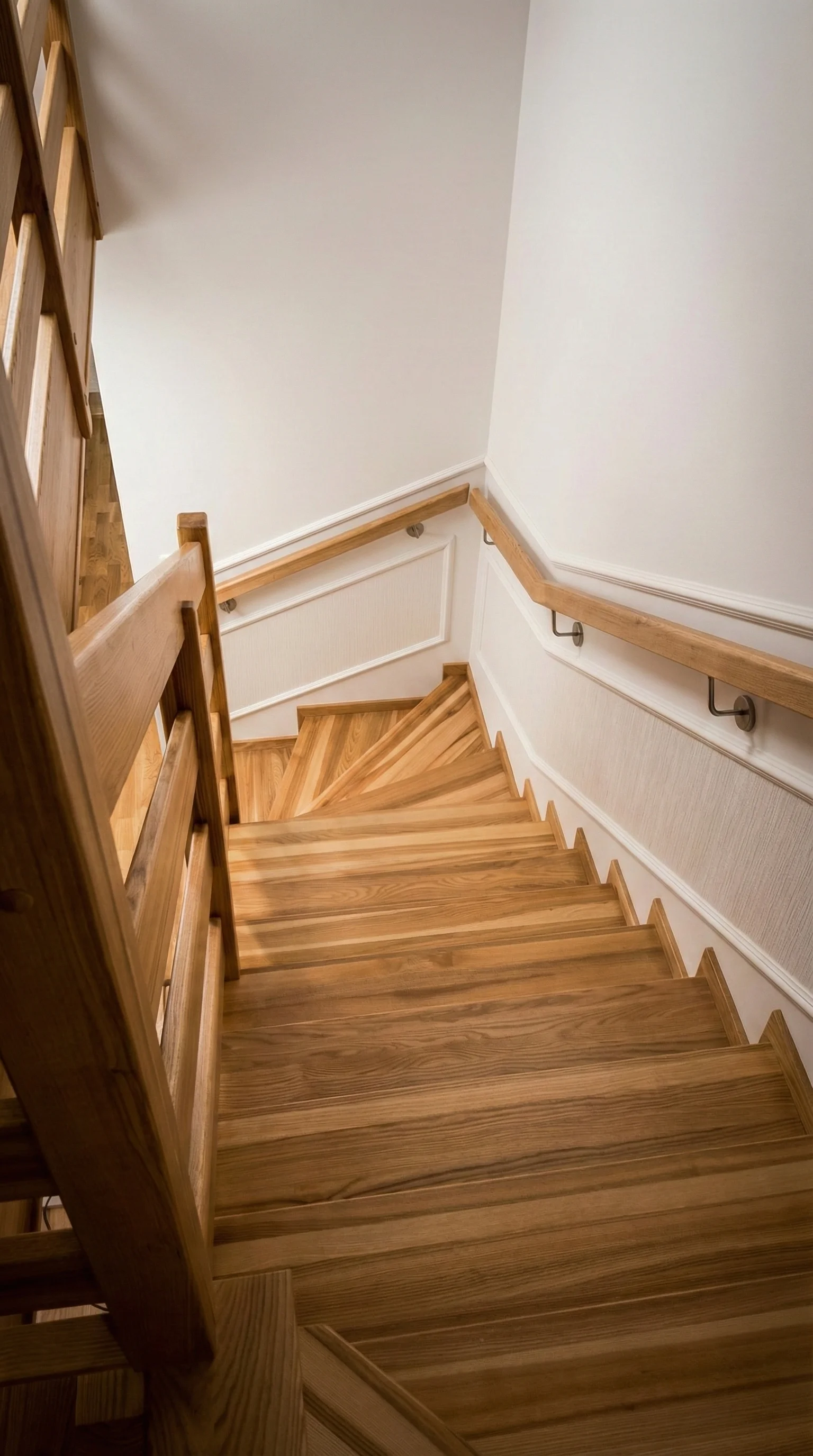 Widok klatki schodowej z góry, efektowna balustrada deskowa