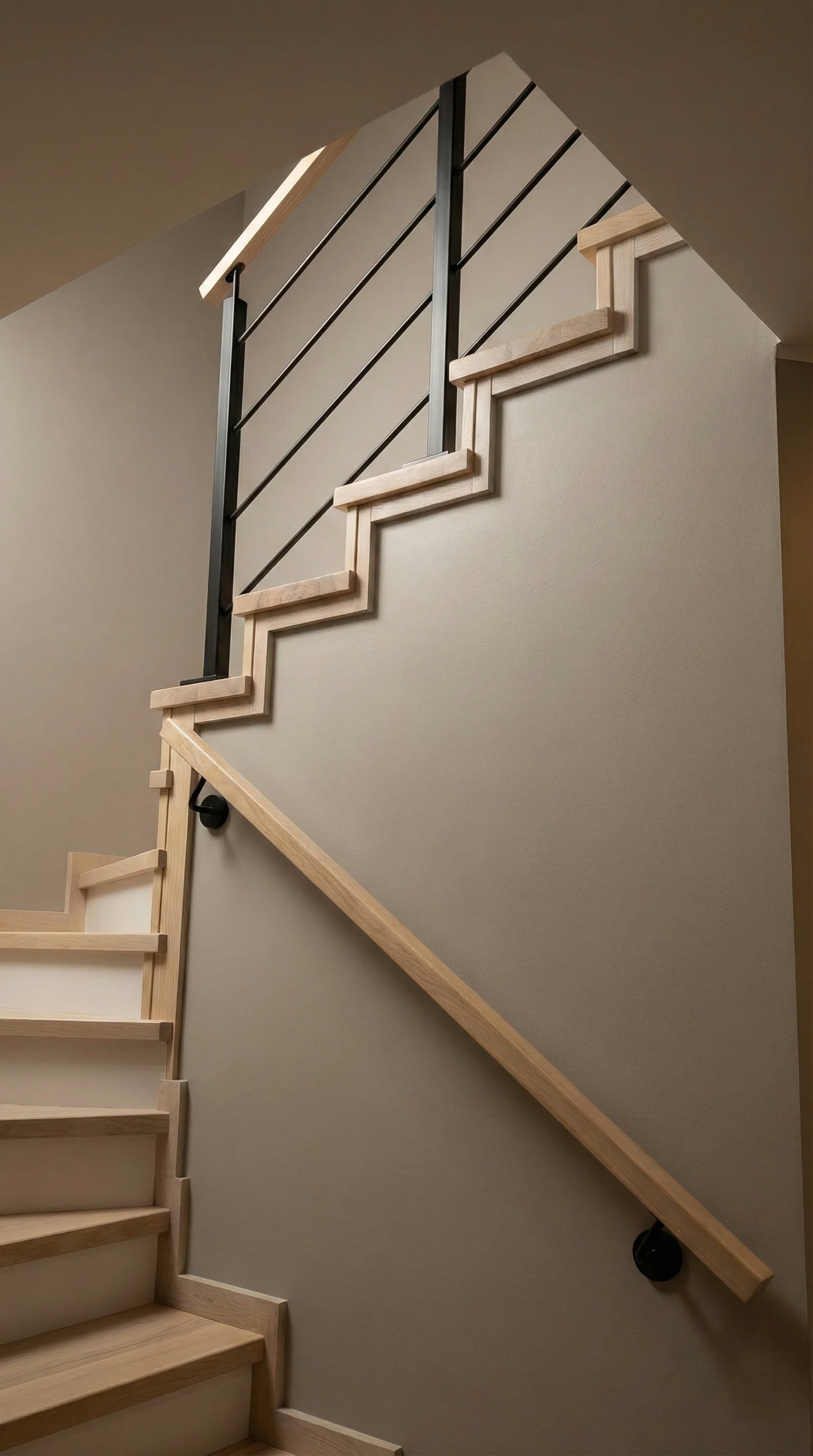 Detal balustrady ze stali malowanej z drewnianym pochwytem