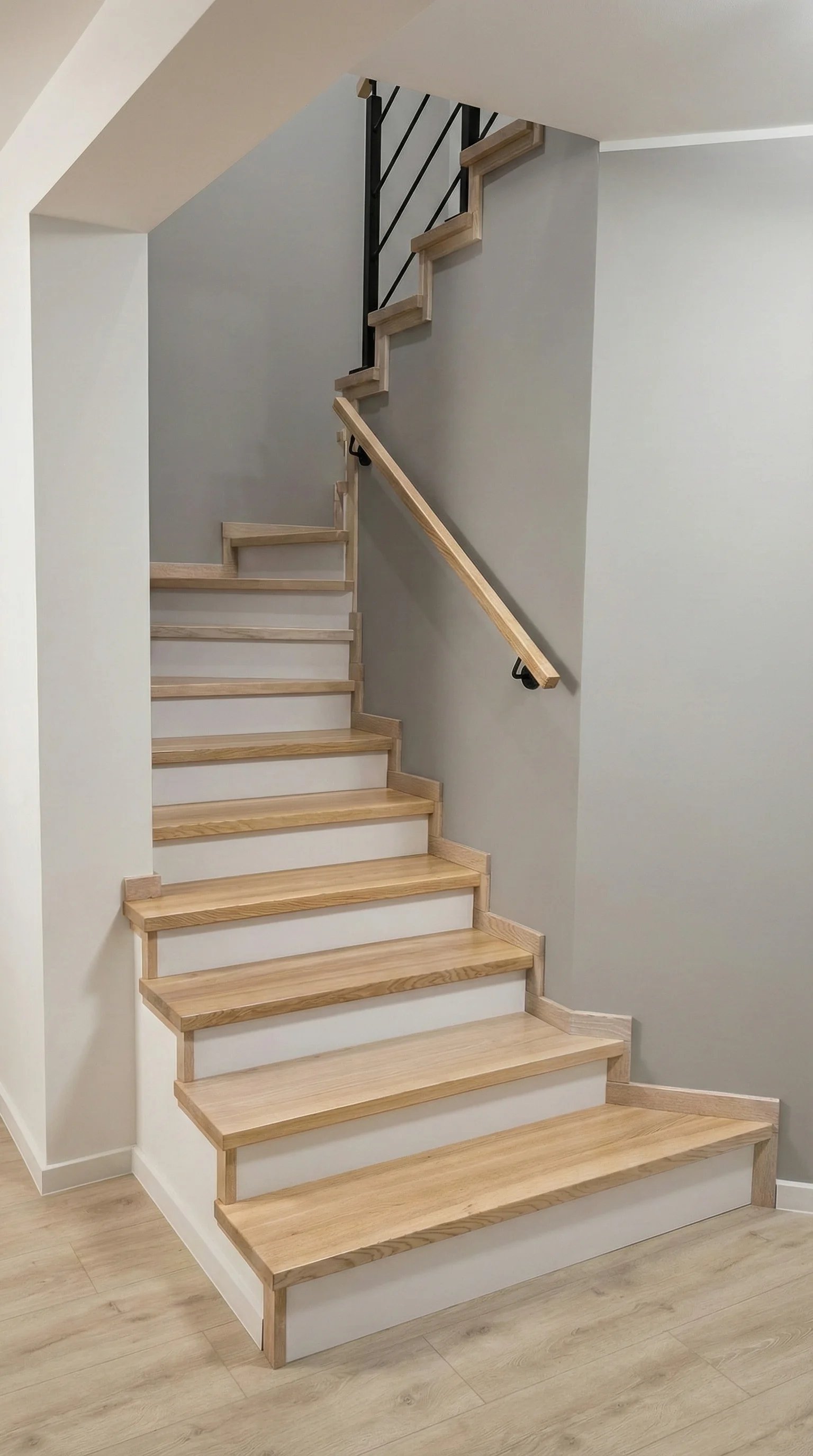 Schody jesionowe zabiegowe U na beton Pruszcz Gdański, widok z dołu