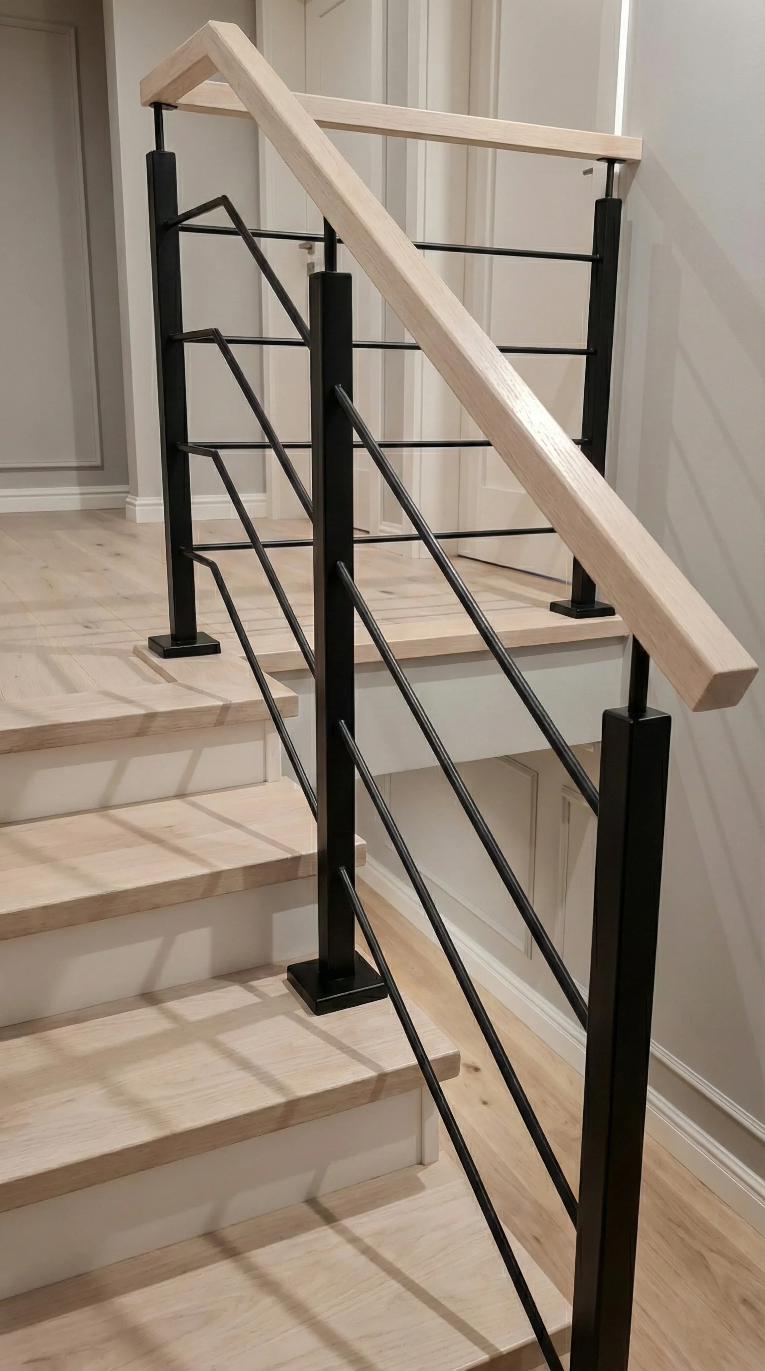 Widok boczny na bieg schodowy i balustradę