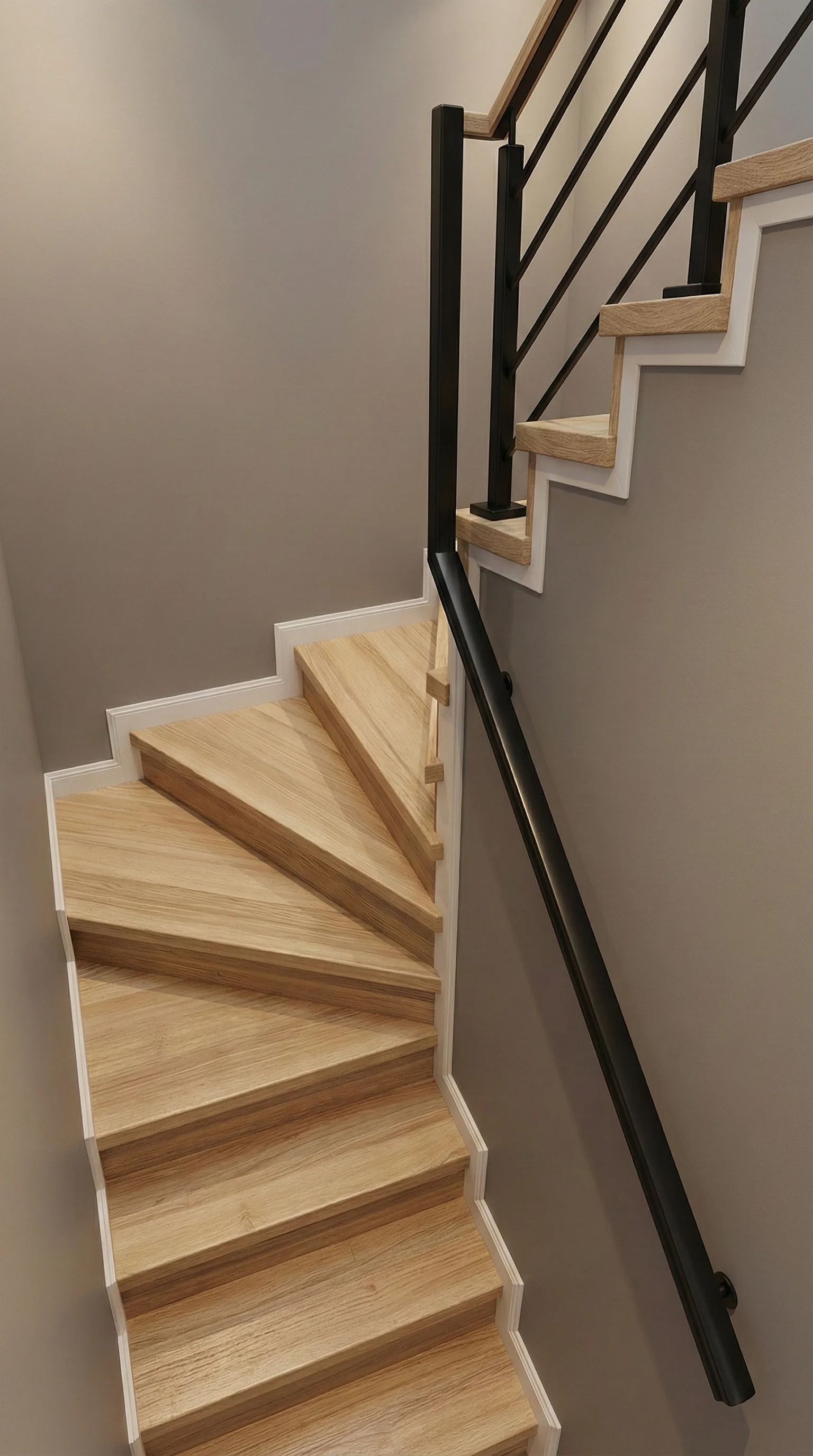 Lakierowane stopnie jesionowe na zakręcie, naturalny kolor