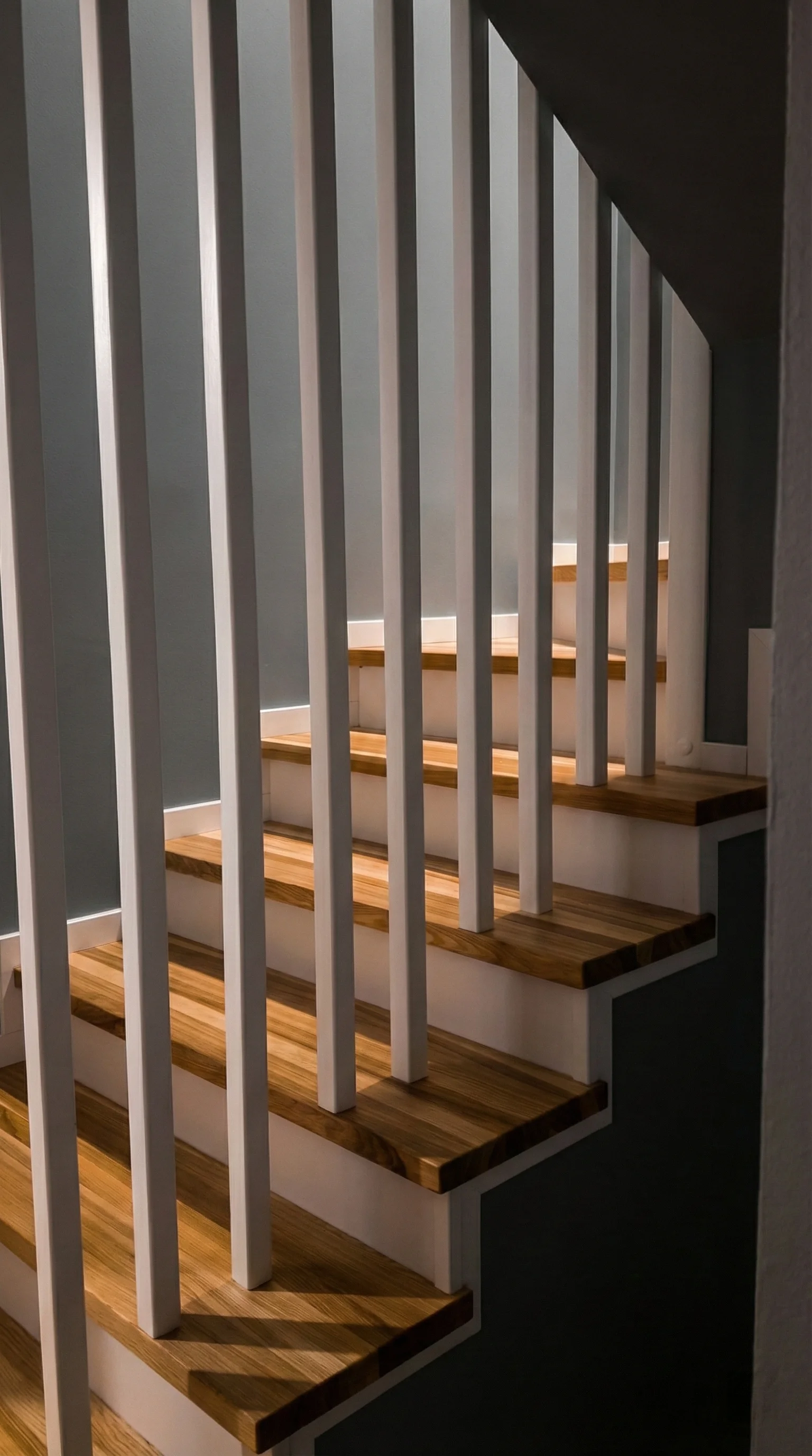 Stopnie jesionowe naturalne z białymi podstopnicami, lakierowane