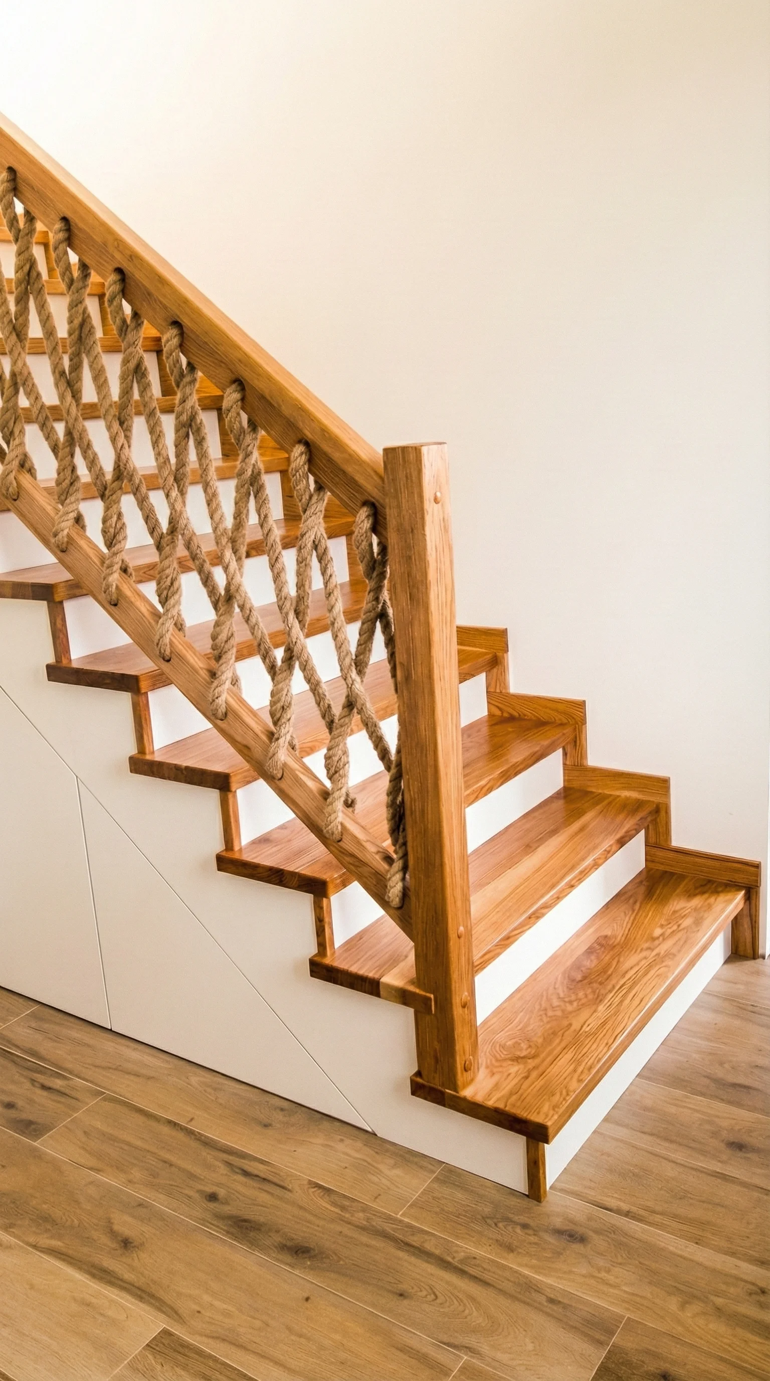 Schody jesionowe proste z liną jutową Cieplewo, widok z dołu
