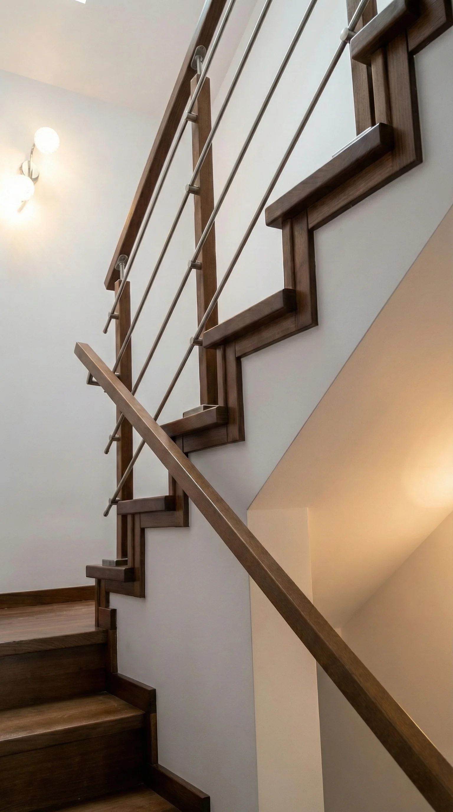 Balustrada drewniana z relingami ze stali nierdzewnej, detal